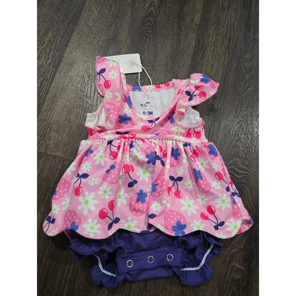 Pete + Lucy Baby Girls Pink Strawberry Cherry Floral Romper Dress 0-3M NWT